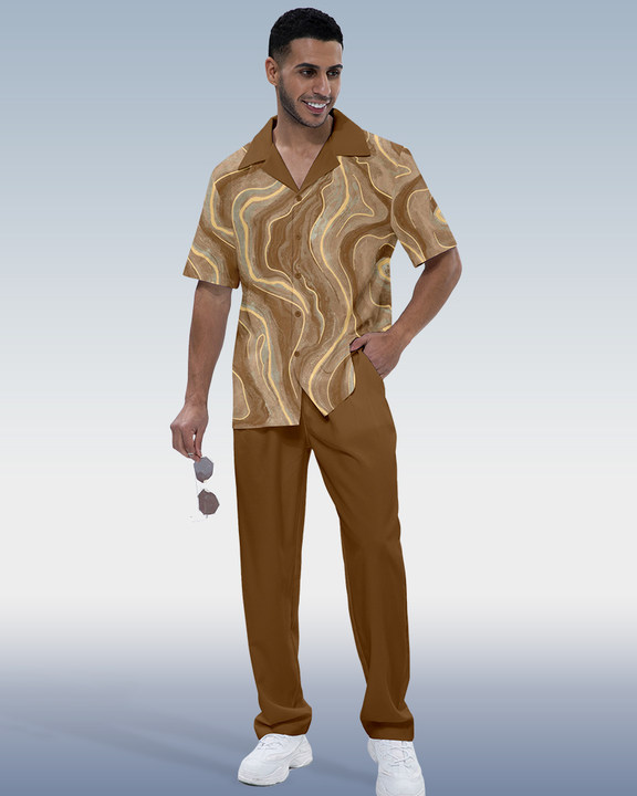 Men's Coffee Print Short Sleeve Shirt Walking Set