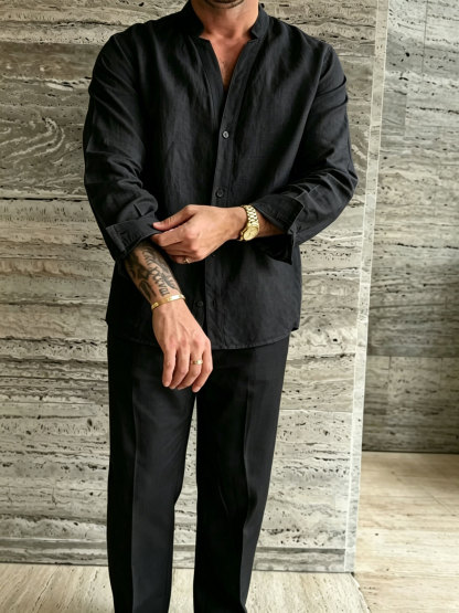 Premium Linen-Blend Mandarin Collar Suit