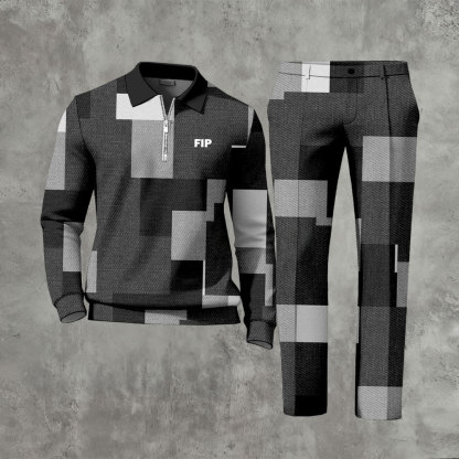 Men's Casual Black & Gray Color Matching Geometric Printed Polo-Collar Zipper Long Sleeved Trousers Two-Piece Set