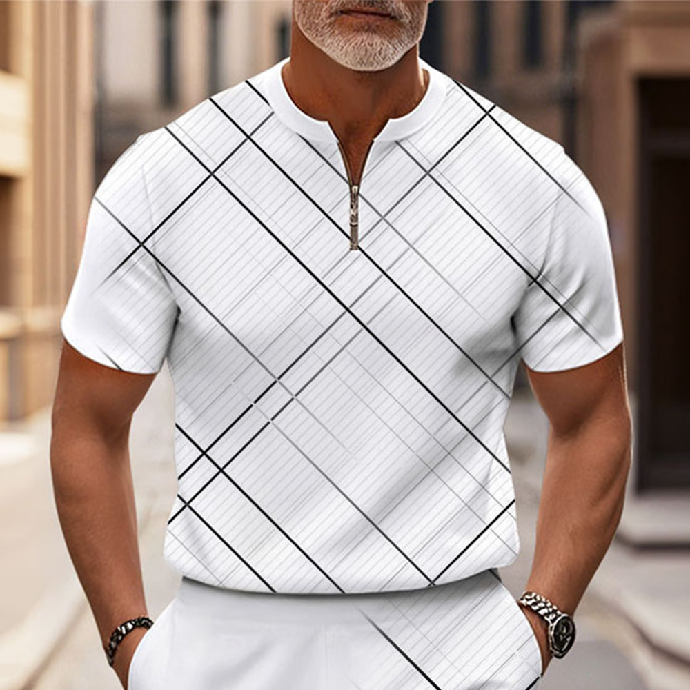 Men's Fashion Casual Round-Neck White & Graty Checkered Printed Short-Sleeved Two-Piece Set