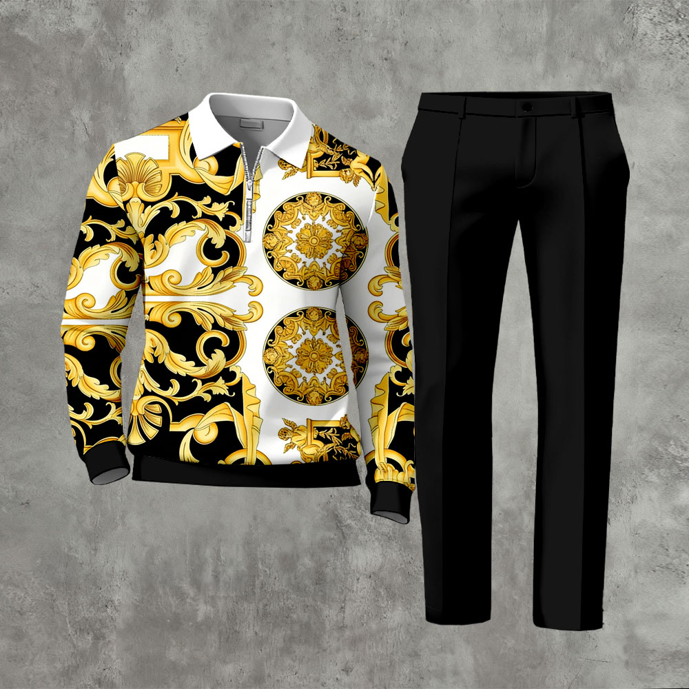 Men's Casual Gold Baroque And Black Printed Zipper Long Sleeved Polo Shirt & Trousers Two-Piece Set