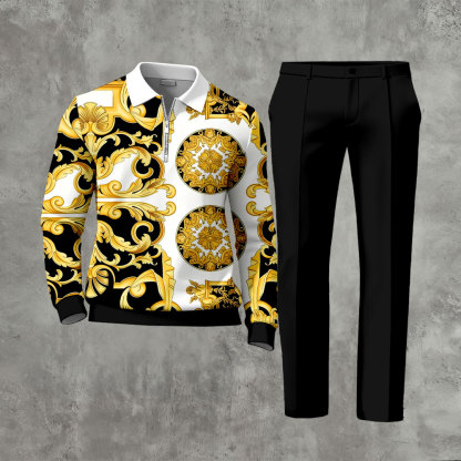 Men's Casual Gold Baroque And Black Printed Zipper Long Sleeved Polo Shirt & Trousers Two-Piece Set