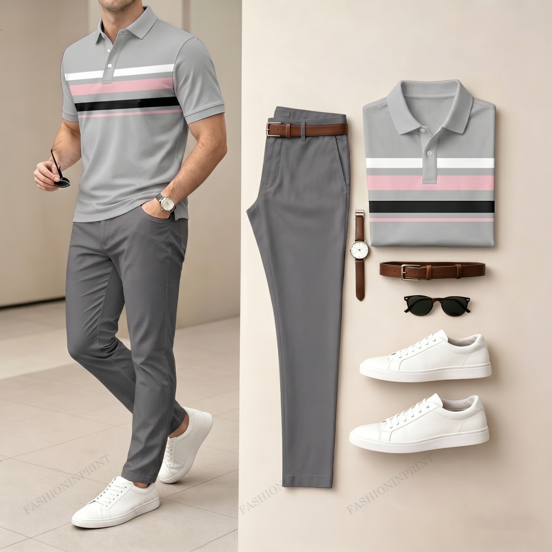 Men's Gray & Pink And Black Color Matching Striped Printed Short Sleeved Polo Shirt & Pants Two-Piece Set