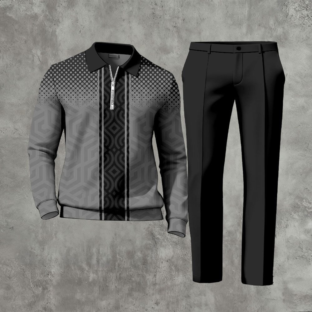 Men's Casual Color Matching Printed Polo-Collar Zipper Long Sleeved Trousers Two-Piece Set