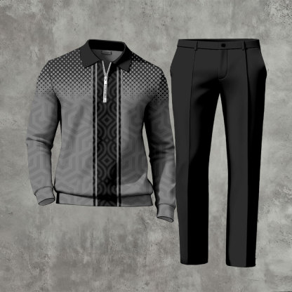 Men's Casual Color Matching Printed Polo-Collar Zipper Long Sleeved Trousers Two-Piece Set