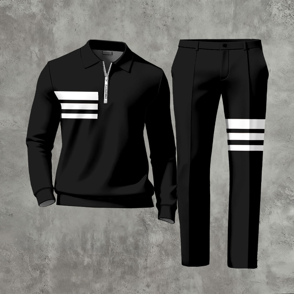 Men's Casual Black & White Color Matching Geometric Printed Polo-Collar Zipper Long Sleeved Trousers Two-Piece Set