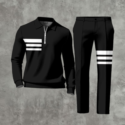 Men's Casual Black & White Color Matching Geometric Printed Polo-Collar Zipper Long Sleeved Trousers Two-Piece Set