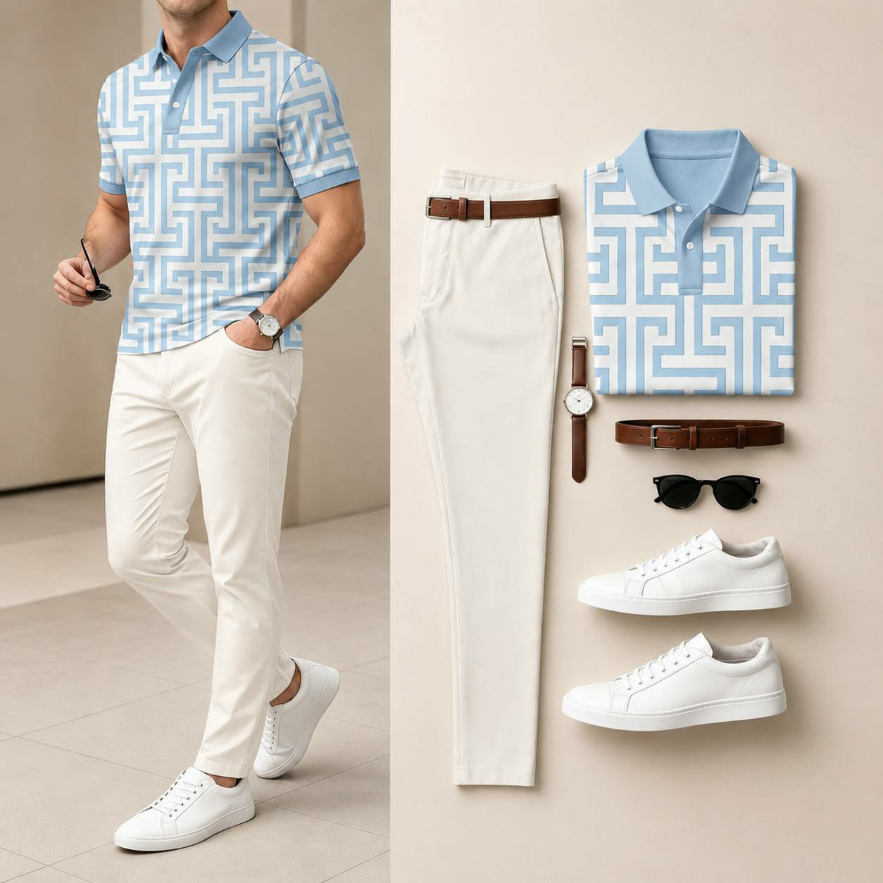 Men's Casual Sky Blue & Off White Geometric Printed Polo Shirt And Pants Two-Piece Set