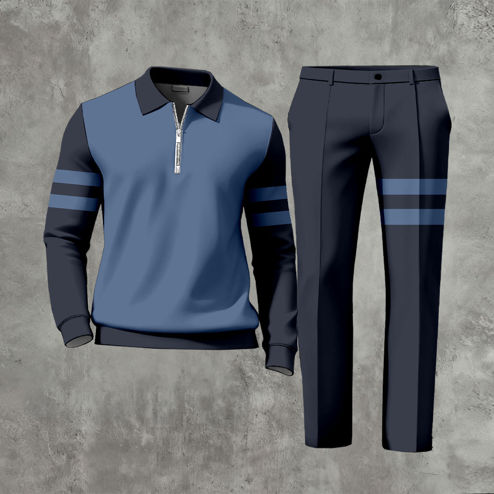 Men's Casual Color Matching Printed Polo-Collar Zipper Long Sleeved Trousers Two-Piece Set