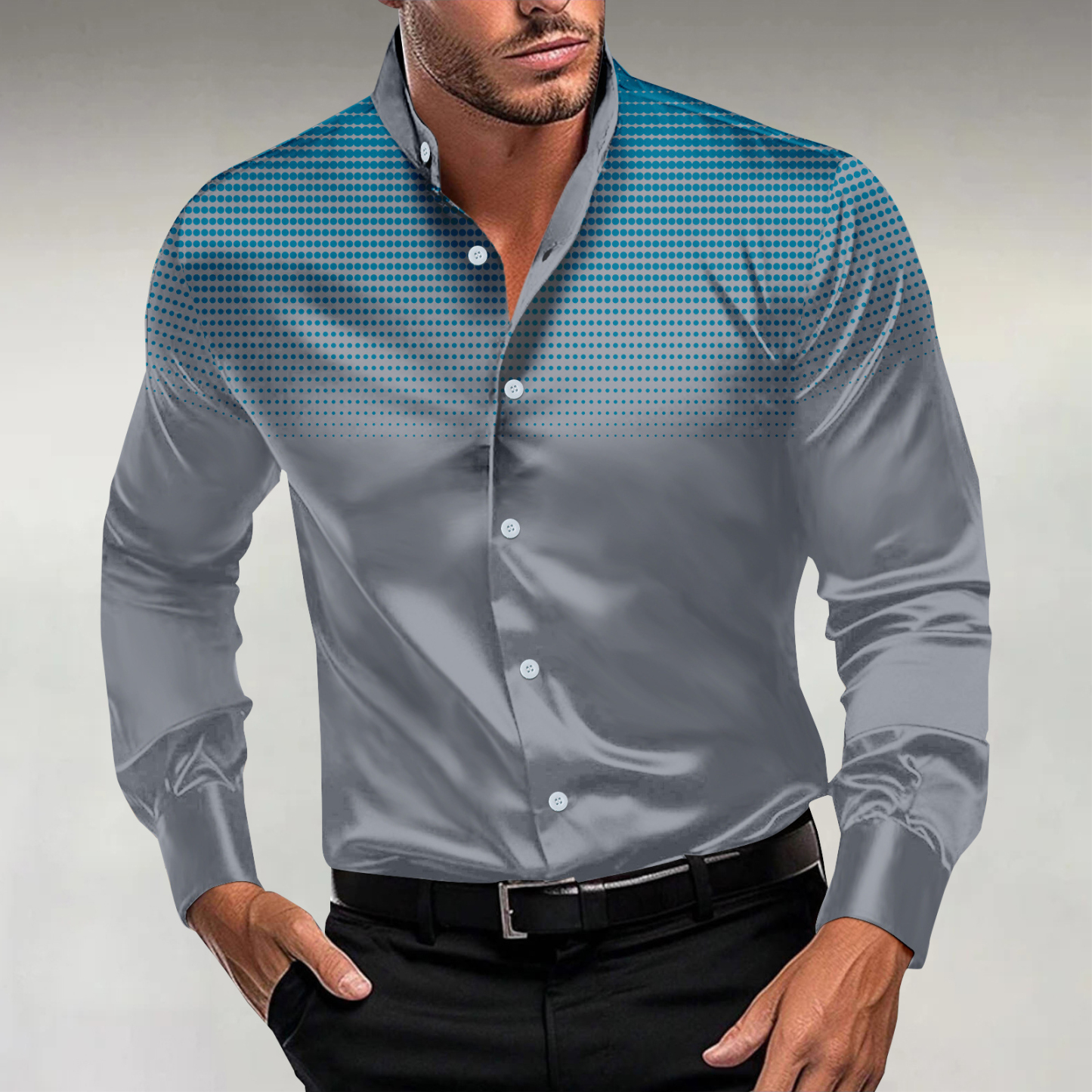 Men's Casual Dots Print Stand Collar Long-Sleeve Shirt