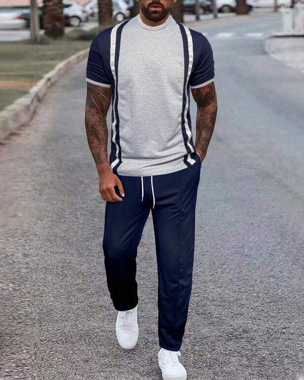  Men's Color Block Print Short Sleeve Athletic Walking Suit