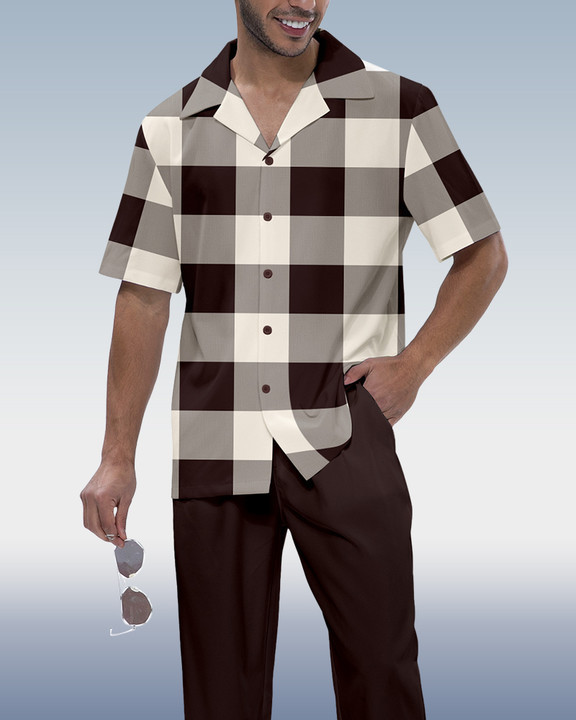 Suitmens Men's Colorblock Check Short Sleeve Shirt Walking Set 366