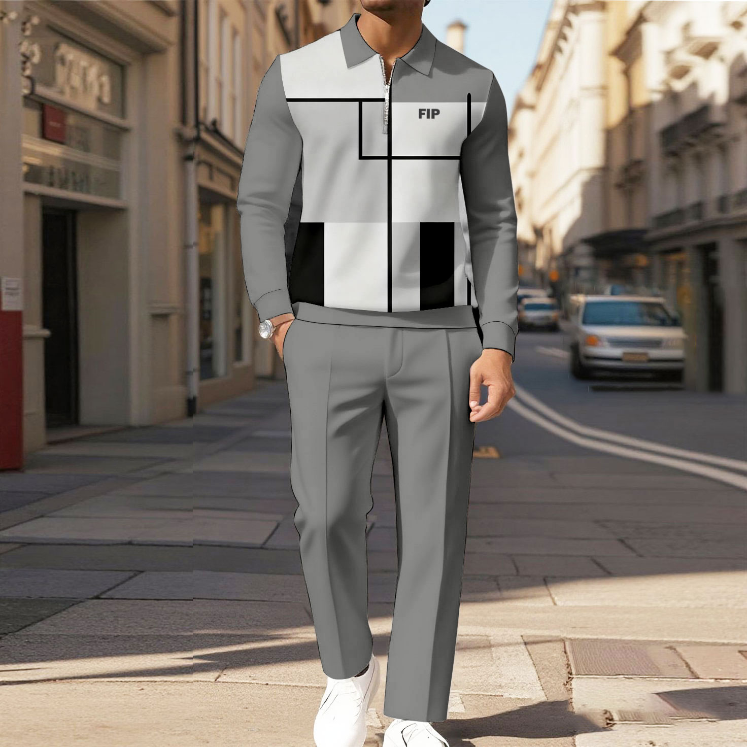Men's Casual Black Gray Color Matching Printed Polo-Collar Zipper Long Sleeved Trousers Two-Piece Set