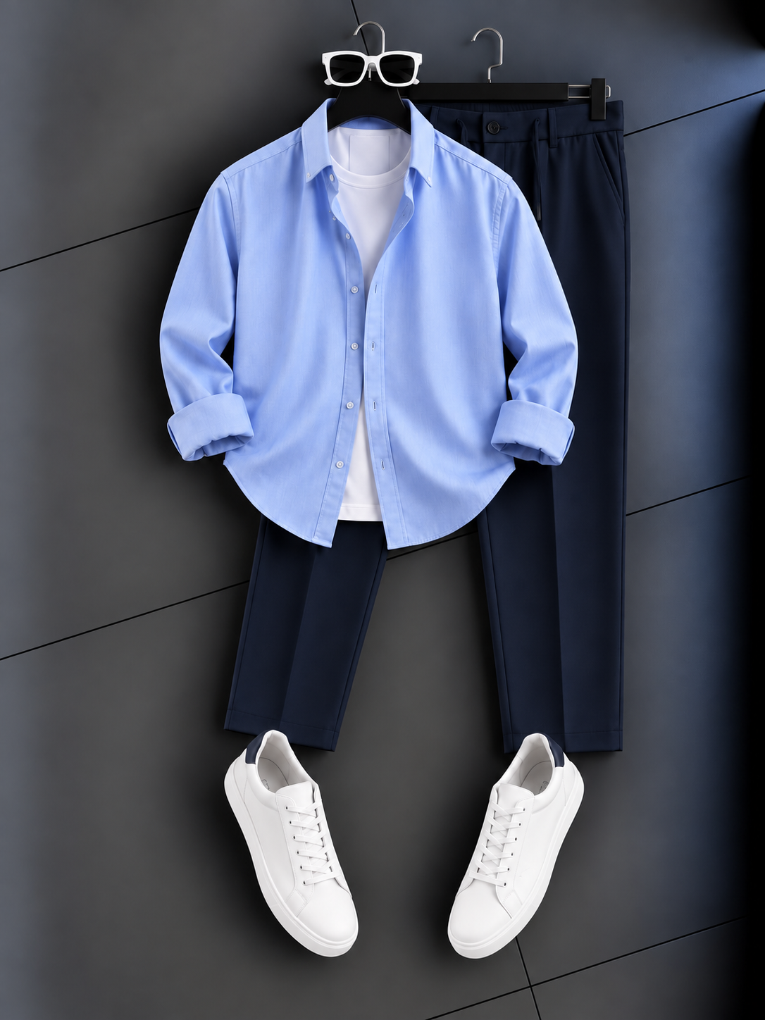 Men's Casual Aqua Blue Button-Up Shirt & White Chino Pants Two-Piece Set