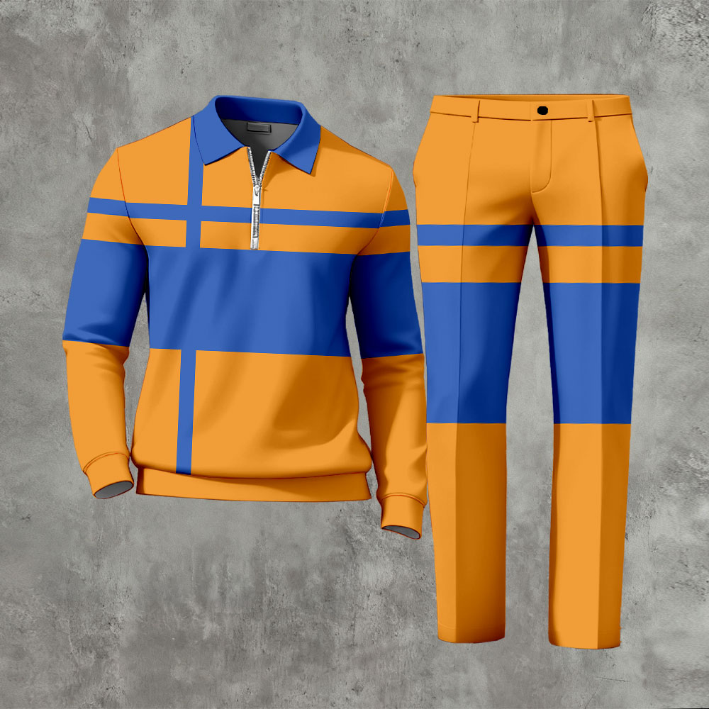 Men's Casual Color Matching Printed Polo-Collar Zipper Long Sleeved Trousers Two-Piece Set