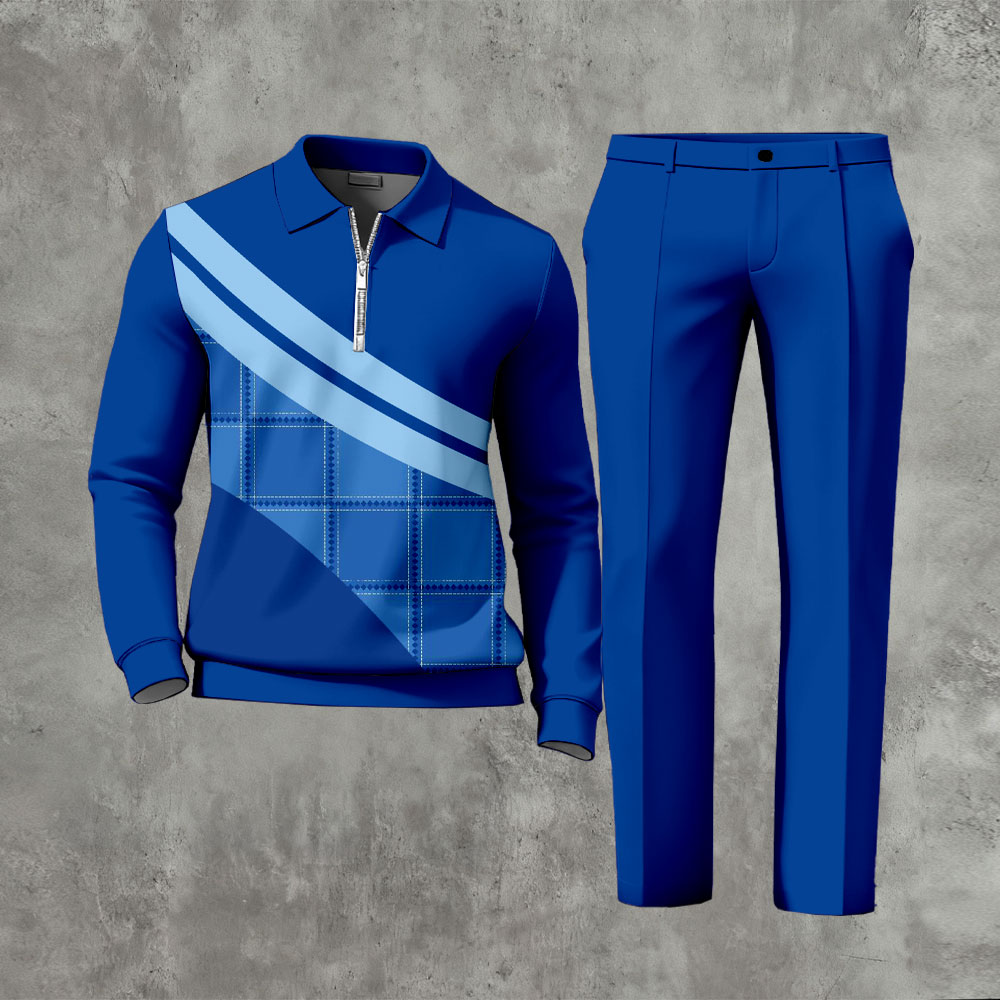 Men's Casual Color Matching Printed Zipper Long Sleeved Polo Shirt & Trousers Two-Piece Set