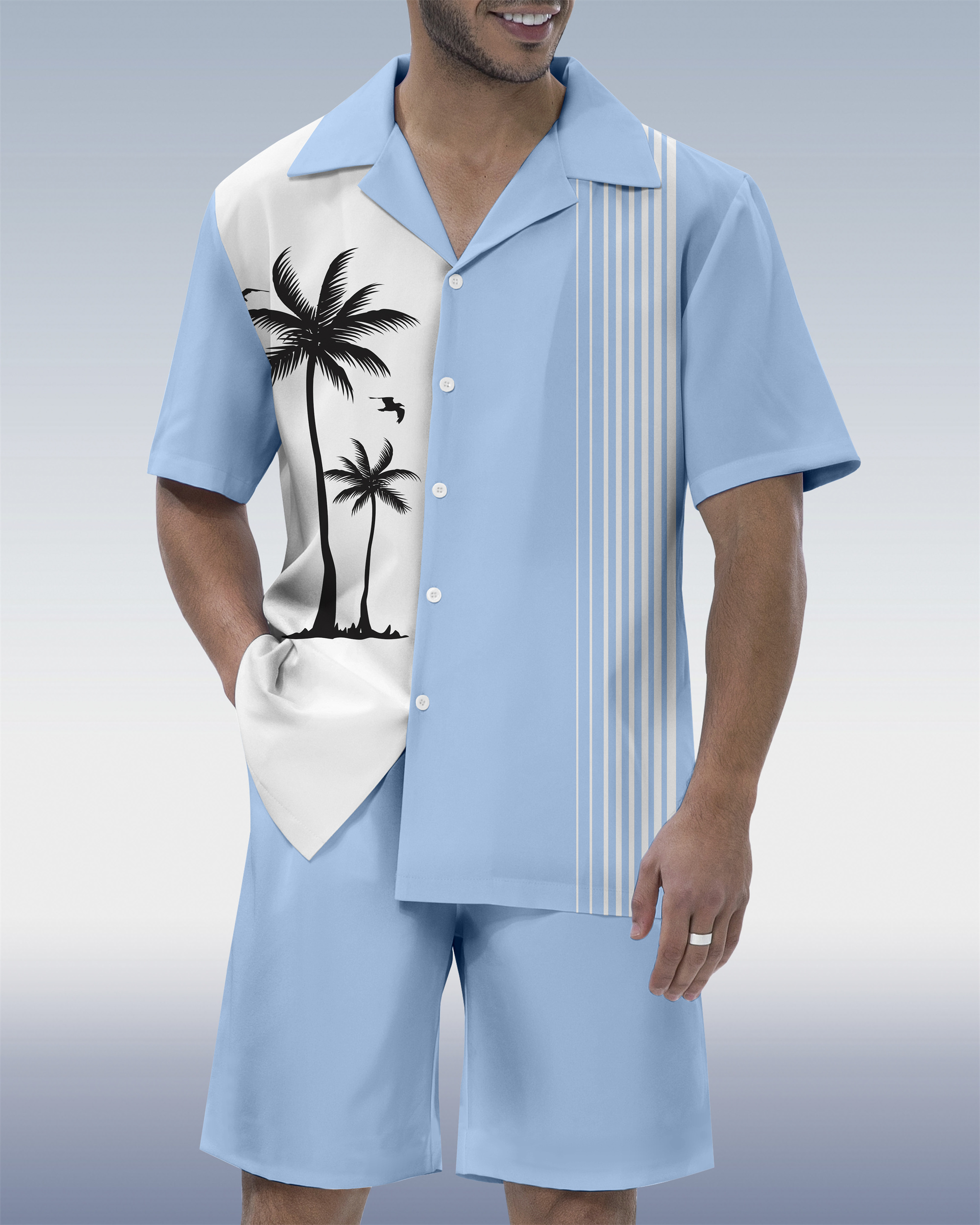 Men's Hawaiian Tiki Party Print Cuban Collar Short Sleeve Shirt Set