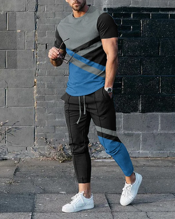 Men's simple contrast color short-sleeved trousers suit 4 colors 486