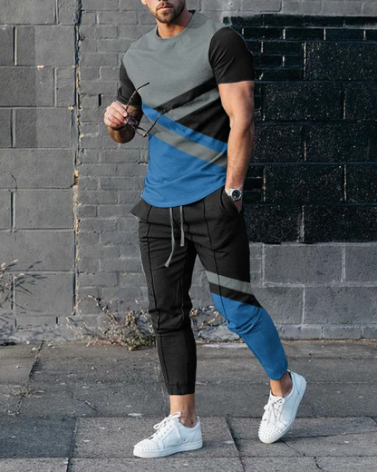 Men's simple contrast color short-sleeved trousers suit 4 colors 486