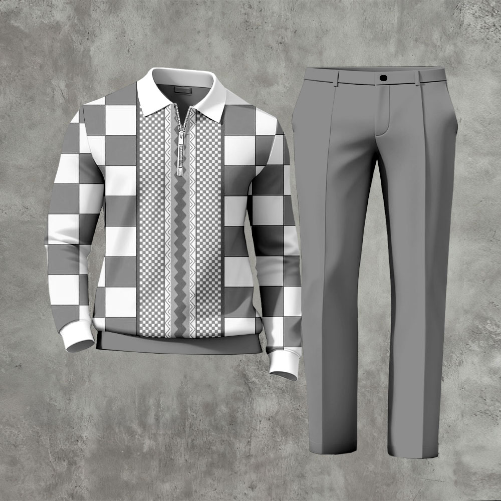 Men's Casual Gray & White Color Matching Checkerboard Grid Printed Polo-Collar Zipper Long Sleeved Trousers Two-Piece Set