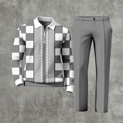Men's Casual Gray & White Color Matching Checkerboard Grid Printed Polo-Collar Zipper Long Sleeved Trousers Two-Piece Set