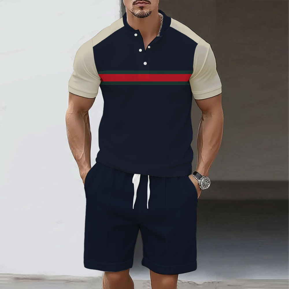 Men's Fashion Polo Round-Neck Geometric Printed Short-Sleeved Two-Piece Set