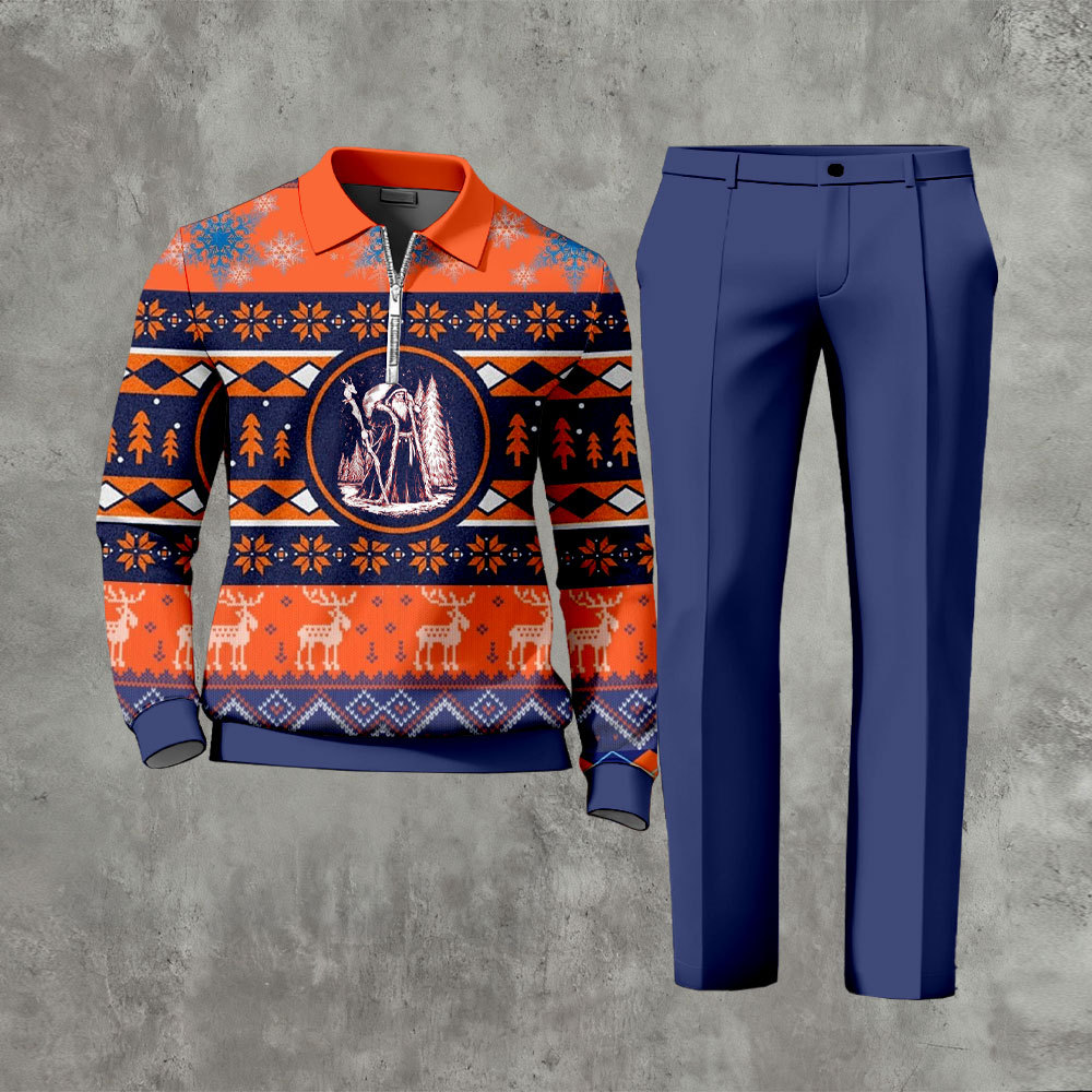 Men's Casual Purplr & Orange Color Matching Christmas Printed Zipper L