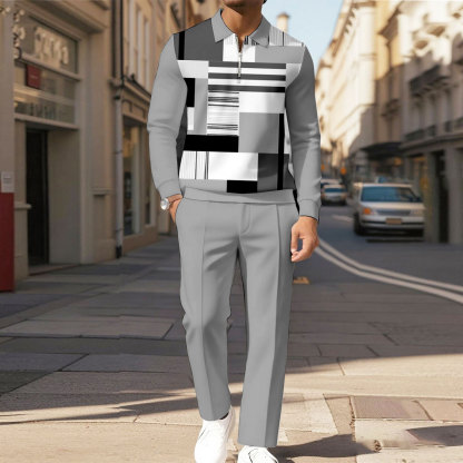 Men's Casual Black Gray Color Matching Checked Printed Polo-Collar Zipper Long Sleeved Trousers Two-Piece Set