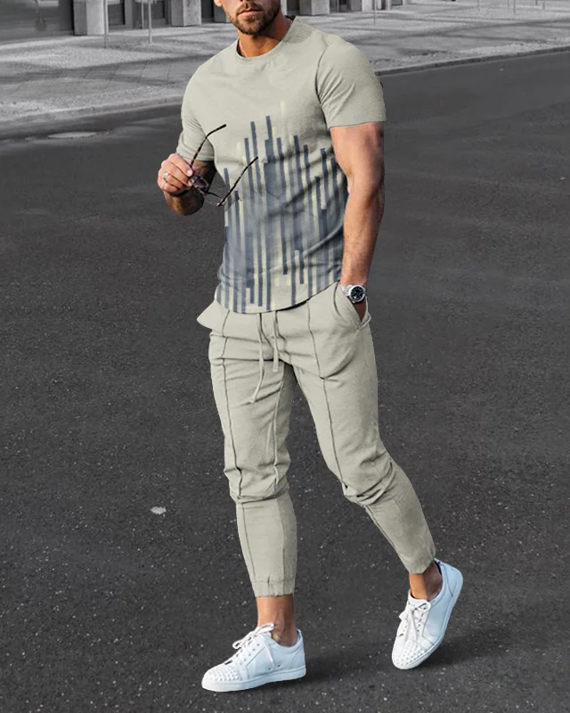 Suitmens Men's Simple Stripe Contrast Color Short-sleeved Trousers Set