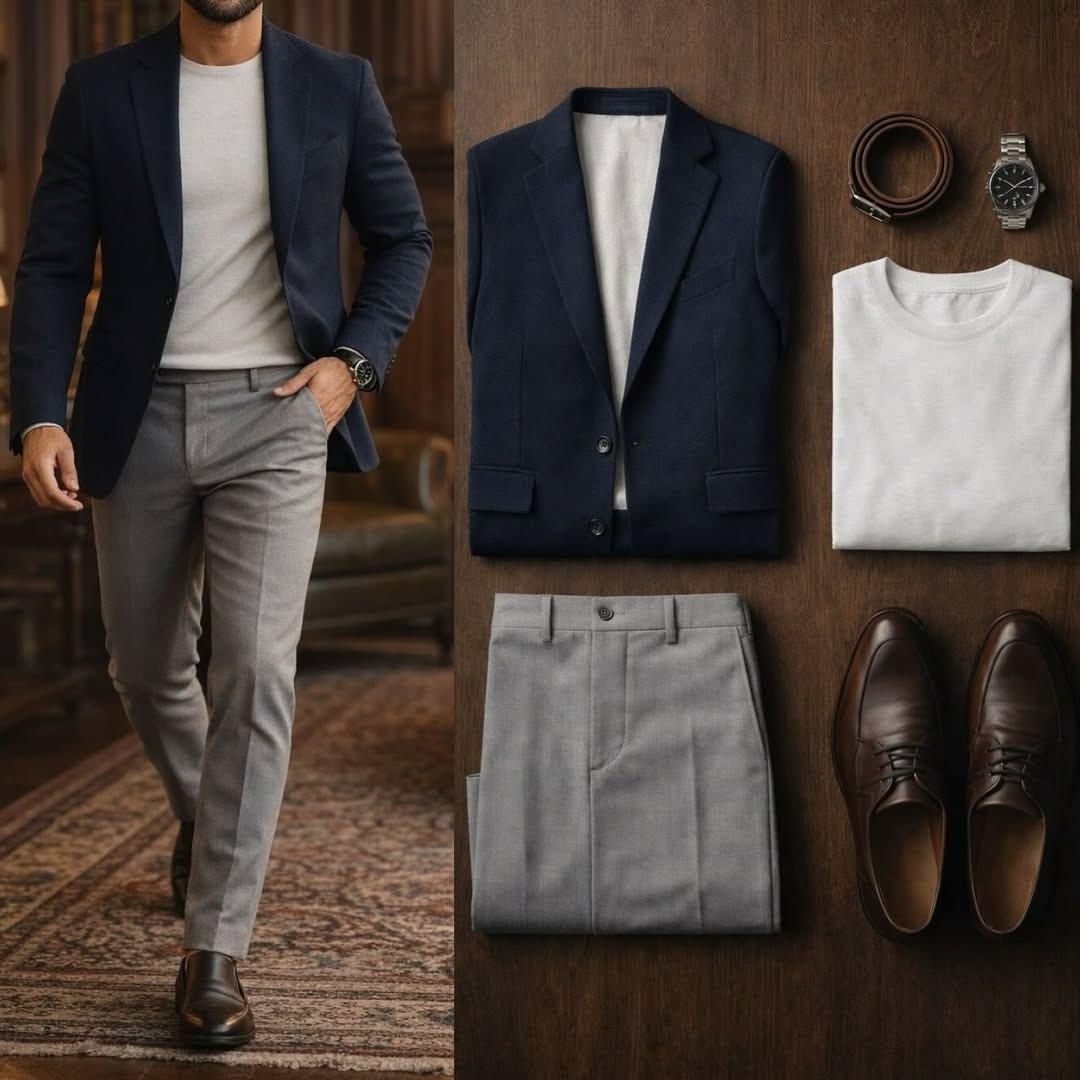 Men's Business Casual White & Navy Blue & Gray Color Matching Retro Style Short Sleeves T-Shirt & Pants & Blazer 3pcs Set