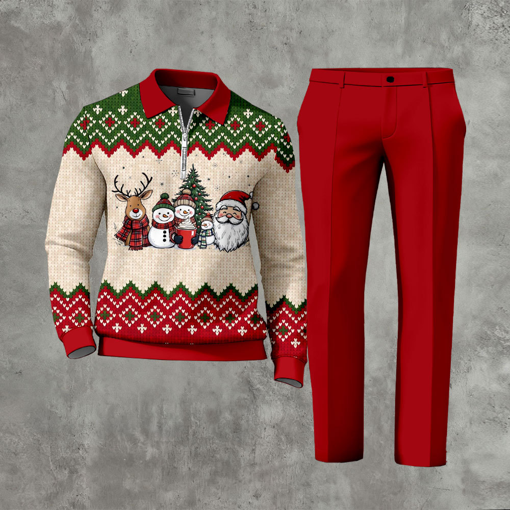 Men's Christmas Color Matching Printed Polo-Collar Zipper Long Sleeved