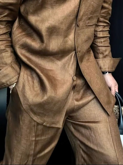 Premium Linen-Blend Mandarin Collar Suit-Coffee