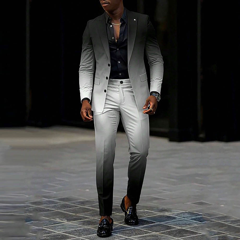 Men's Gradient Black & White Color Matching Gradient Printed Long Sleeves Blazer & Trousers Two Pieces Set