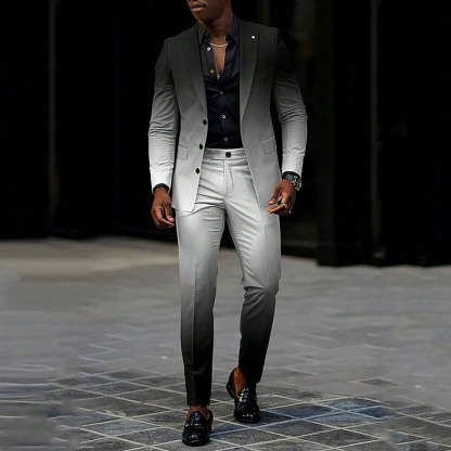 Men's Gradient Black & White Color Matching Gradient Printed Long Sleeves Blazer & Trousers Two Pieces Set