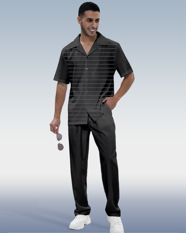 Men's Black Striped Short Sleeve Shirt Walking Set