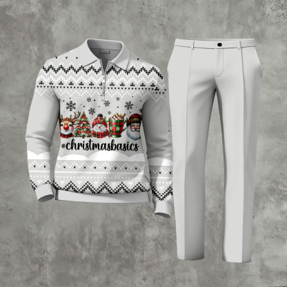 Men's Casual Gray & White Color Matching Christmas Printed Zipper Long Sleeved Polo Shirt & Trousers Two-Piece Set
