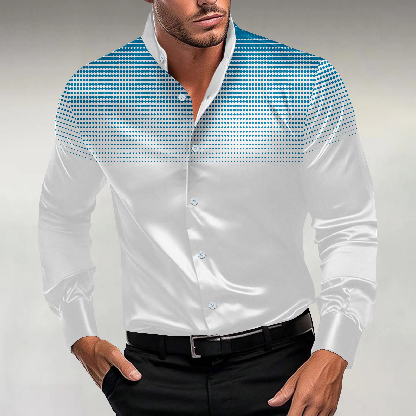 Men's Casual Dots Print Stand Collar Long Sleeve Shirt