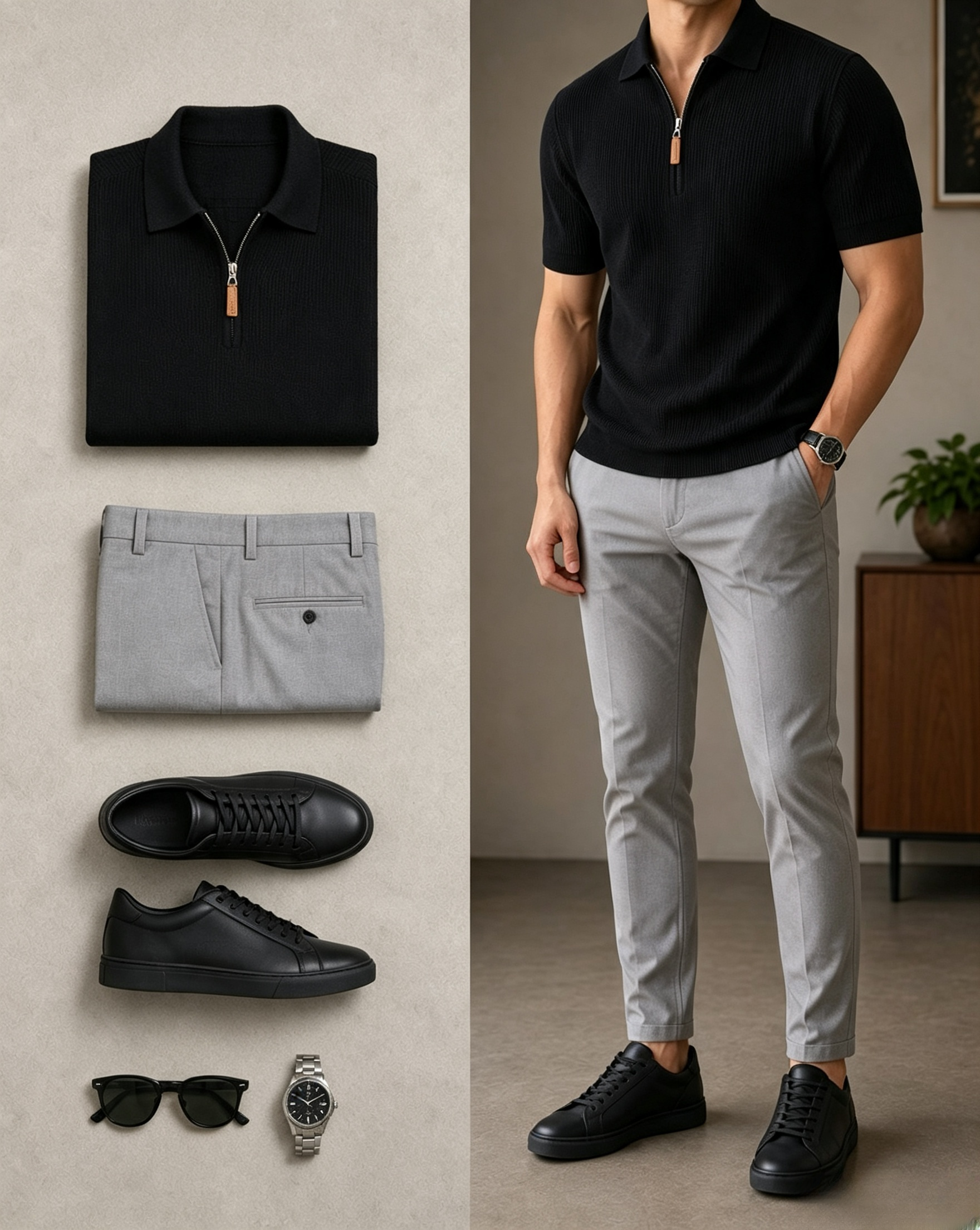 Men's Casual Ribbed Knit Short Sleeved Zipper Polo Shirt & Light Grey Suit Pants Two-Piece Set