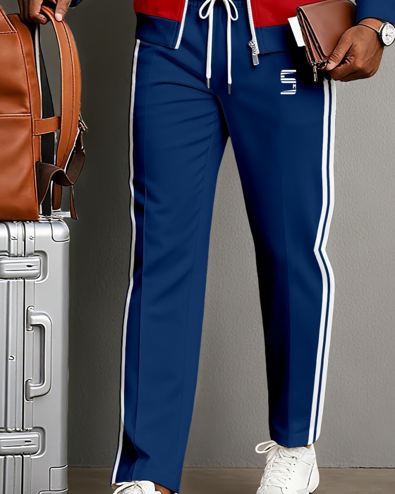 Men's Minimalist Red & Blue Color Matching Jacket Sports Jogging Set