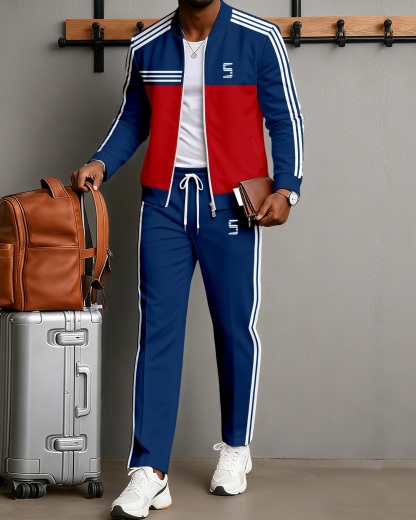 Men's Minimalist Red & Blue Color Matching Jacket Sports Jogging Set