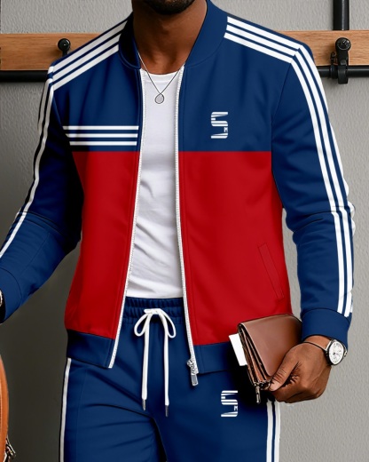 Men's Minimalist Red & Blue Color Matching Jacket Sports Jogging Set