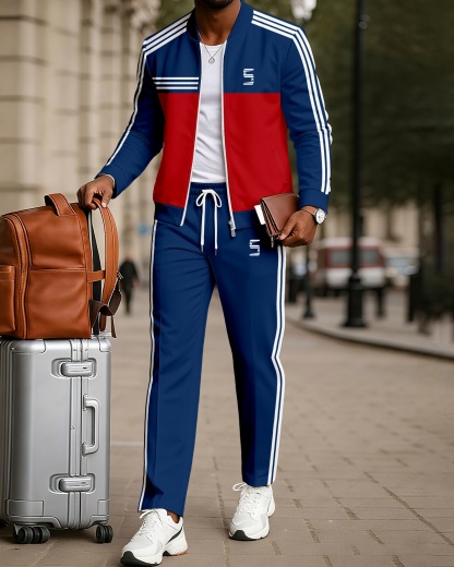 Men's Minimalist Red & Blue Color Matching Jacket Sports Jogging Set