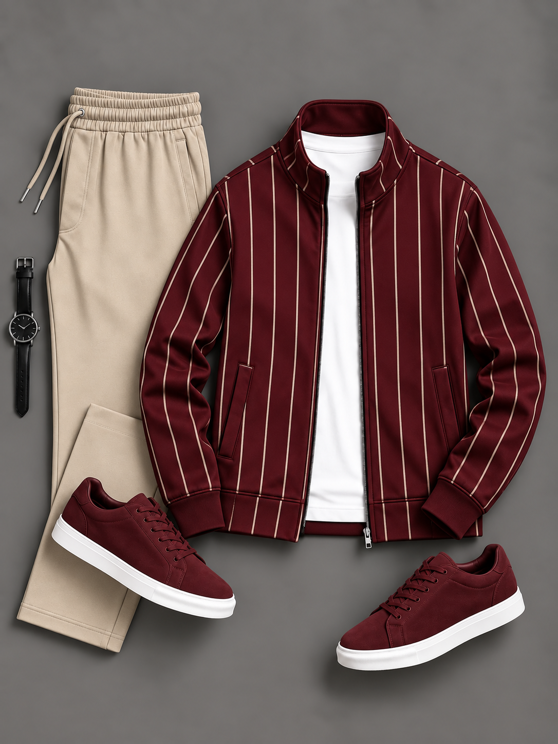 Men's Thin Vertical Striped Zip Up Stand Collar Jacket & Drawstring Pants Two Piece Set, Multiple Colors Available
