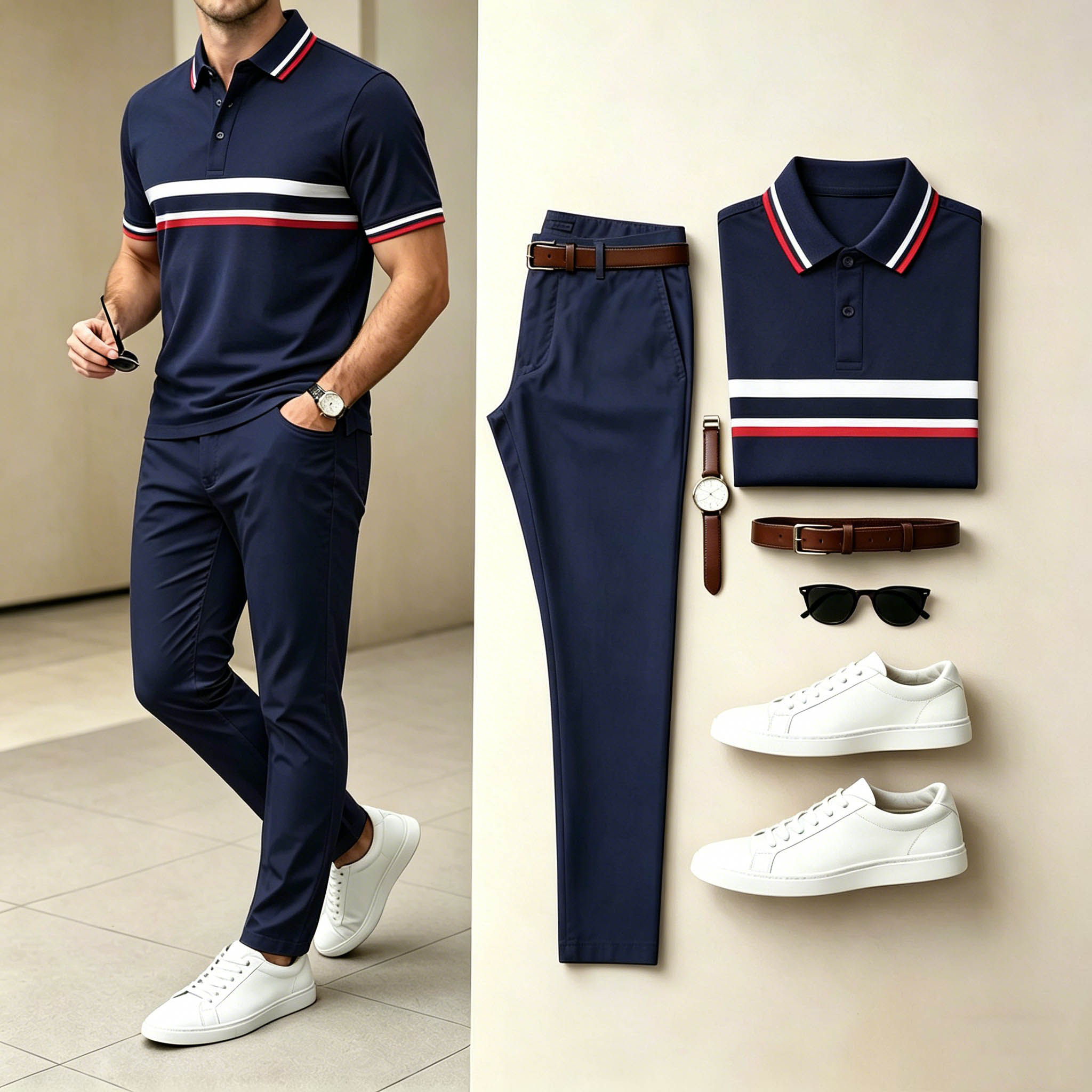 Men's Casual Navy Red White Striped Polo Shirt & Navy Pants Two-Piece Set