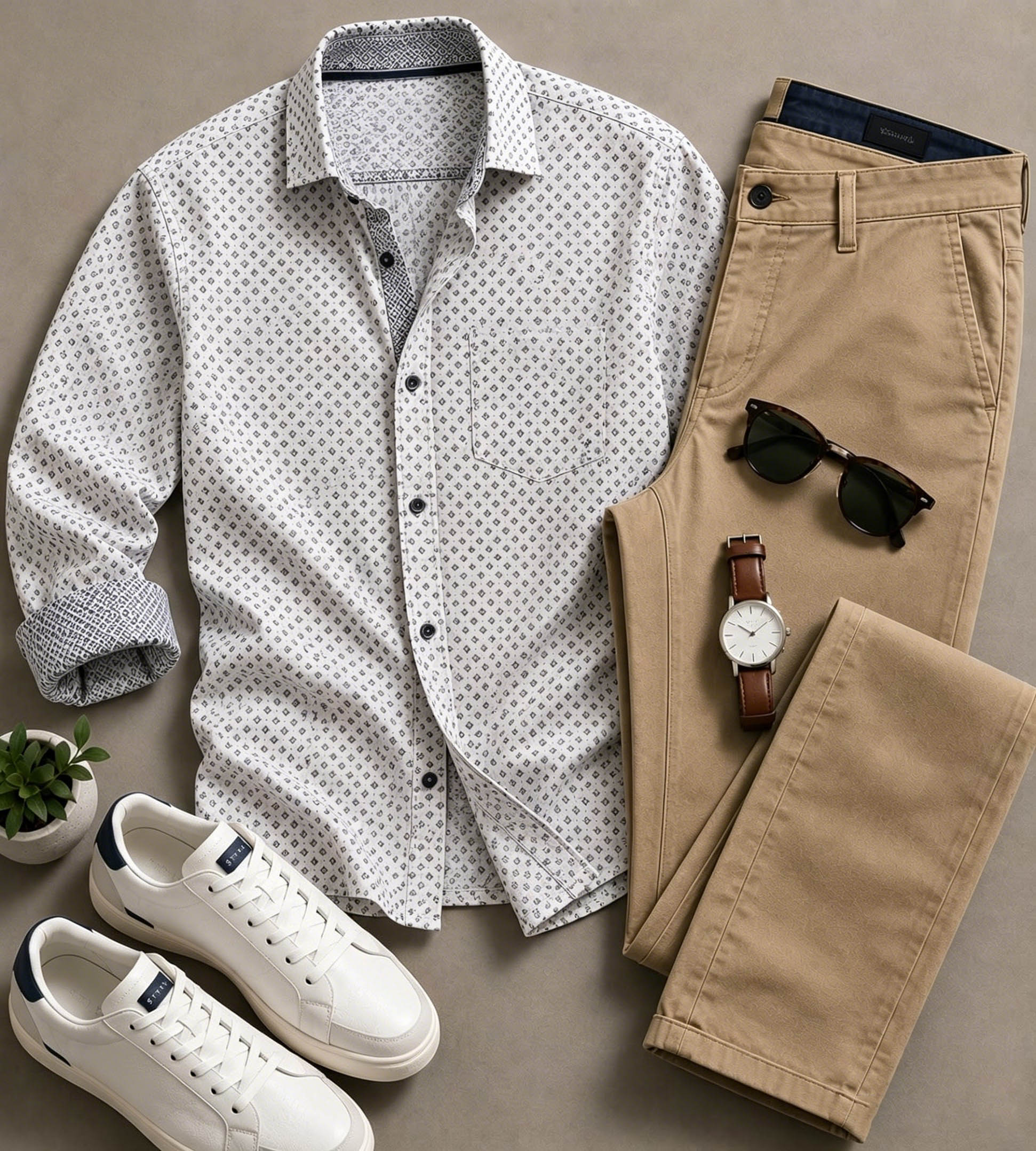 Men's Casual Gray White Vertical Striped Art Printed Long Sleeved Shirt & Trousers Two-Piece Set
