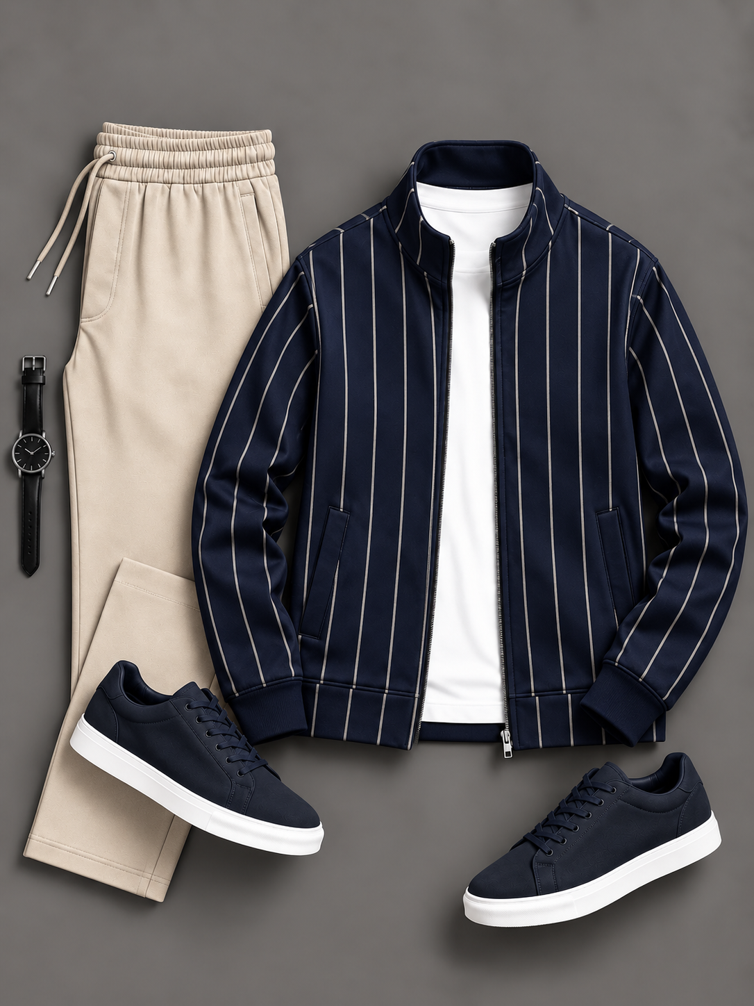 Men's Thin Vertical Striped Zip Up Stand Collar Jacket & Drawstring Pants Two Piece Set, Multiple Colors Available