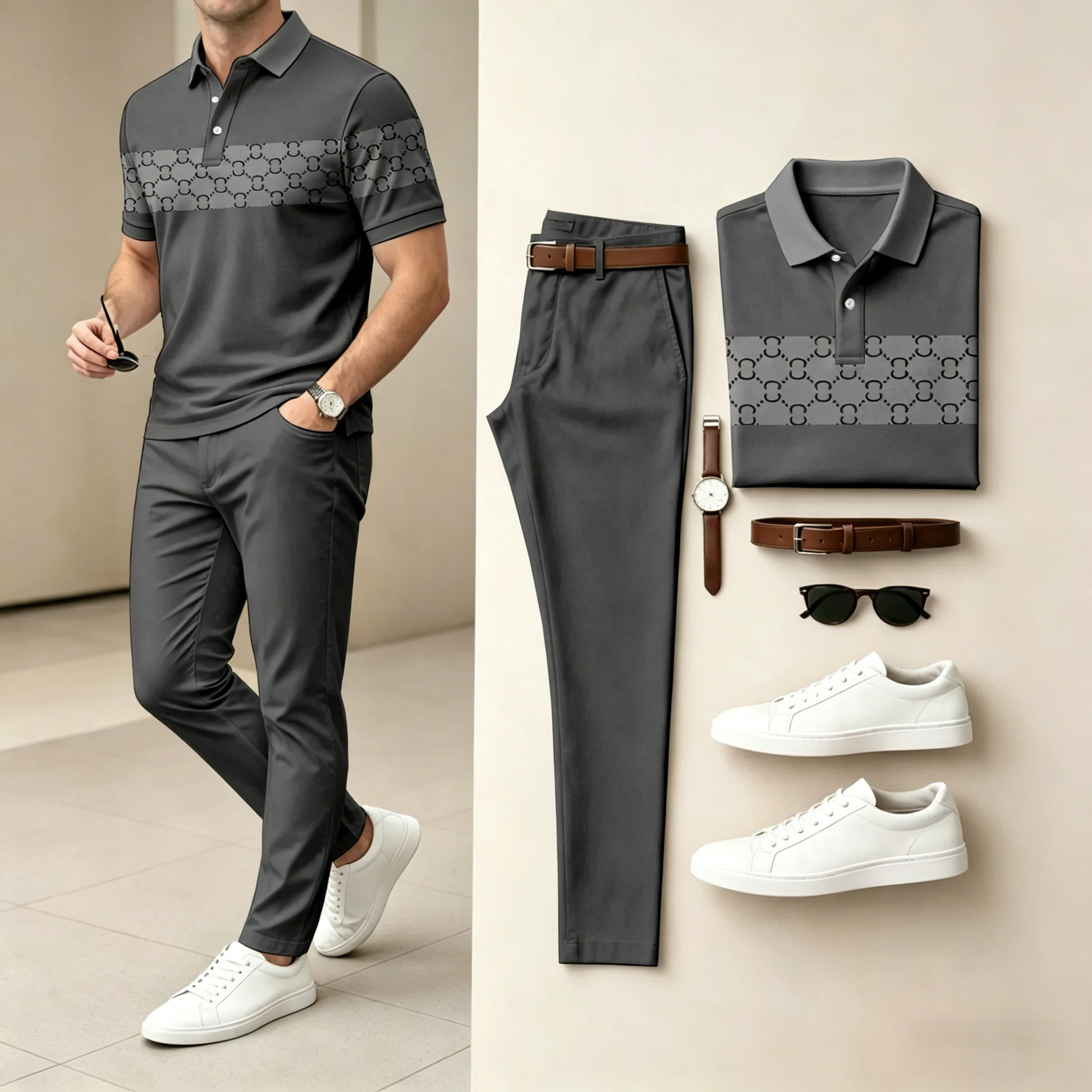 Men's Casual Plaid-Print Polo Shirt and Trousers Two-Piece Set