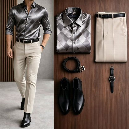 Men's Casual Dark Gray Long Sleeve Baroque Shirt & Black Chino Pants Two-Piece Set