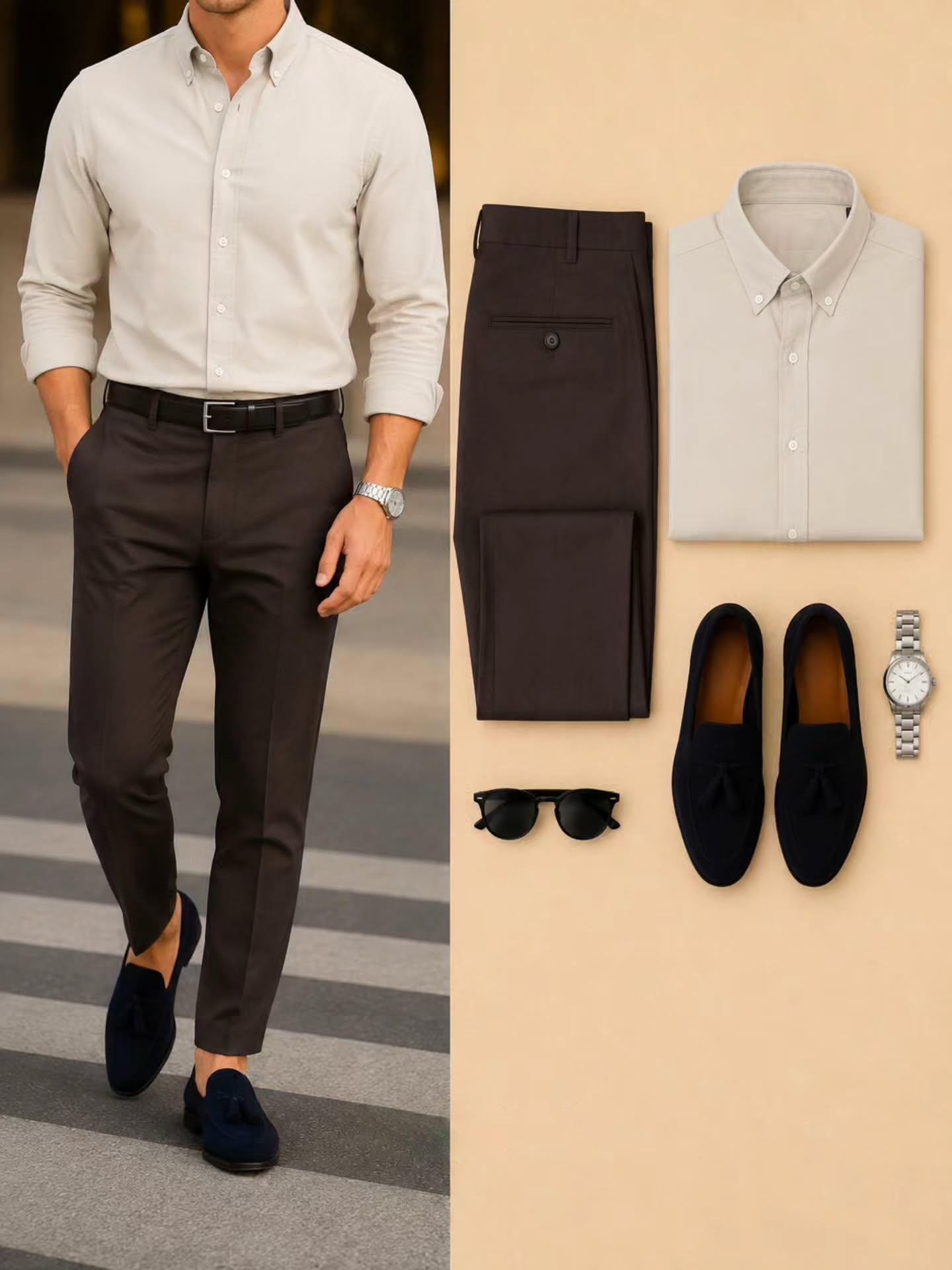 Men's Casual Color Matching Oatmeal Long Sleeves Polo Shirt & Denim Blue Jeans Pants Two Piece Set
