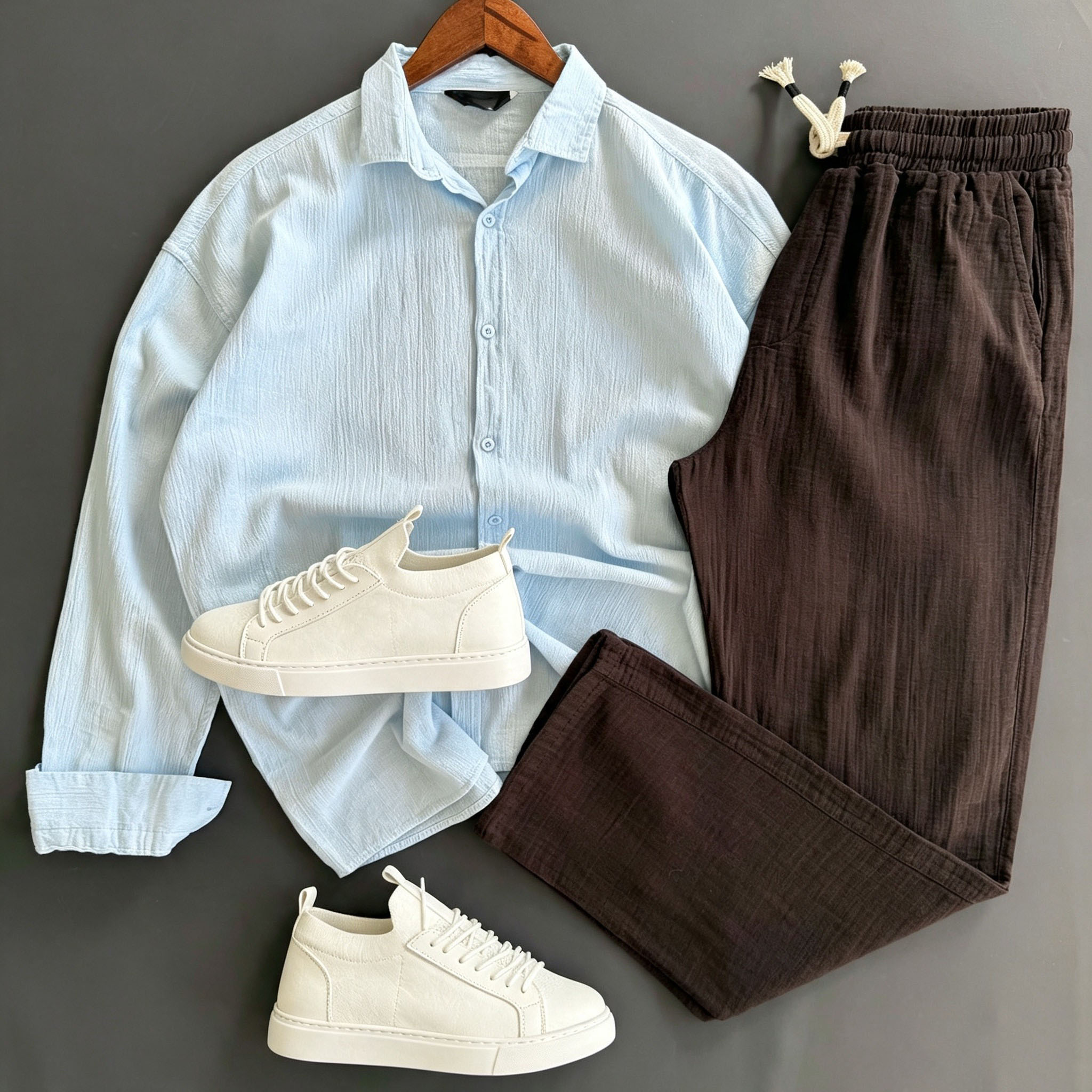 Men's Casual Trendy Long Sleeved Collared Shirt & Relaxed Trousers Two‑Piece Set